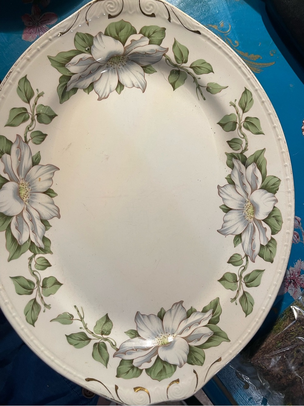 Homer Laughlin White Platter with Green Floral Vine Motif